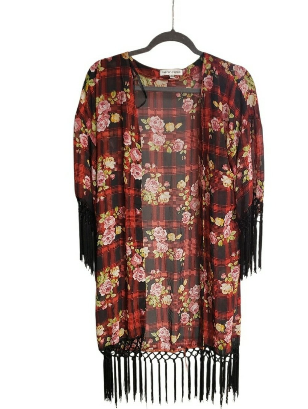 Red Plaid Floral Fringe Kimono - Elegant Layering  NWOT